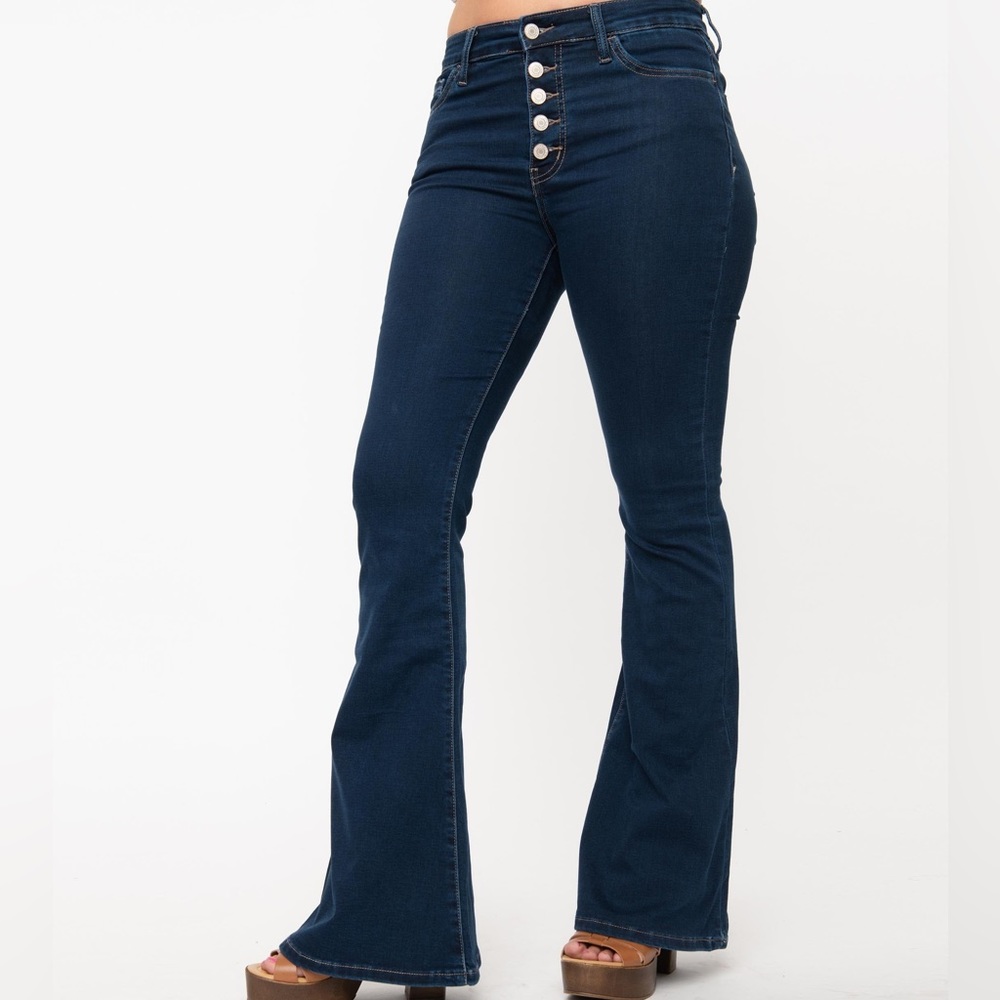 Unique Vintage Dark Denim High Rise Button Up Flare Jeans Size 29